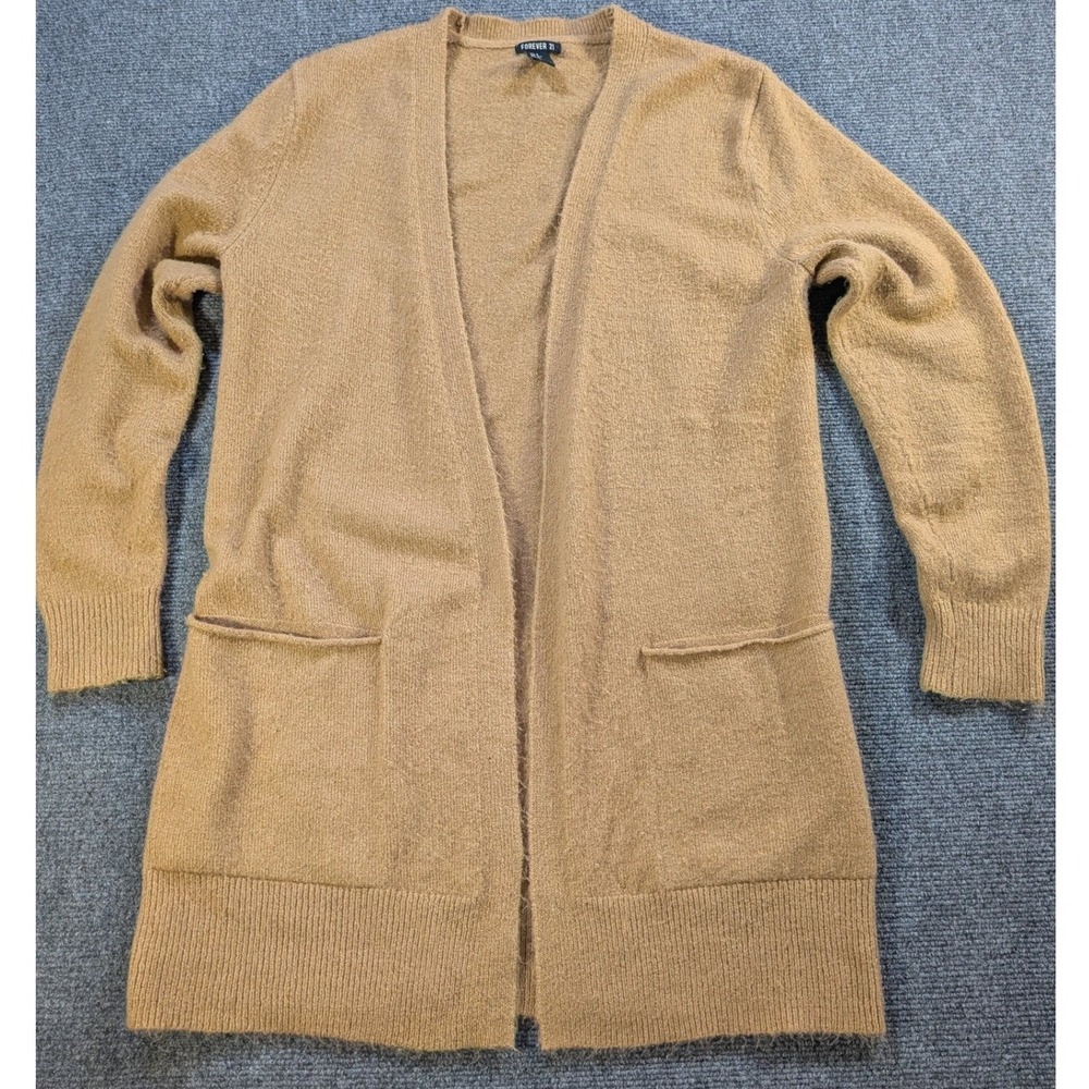 Forever 21 Open Front Longline Cardigan Sweater Women Size Small Tan Camel Soft